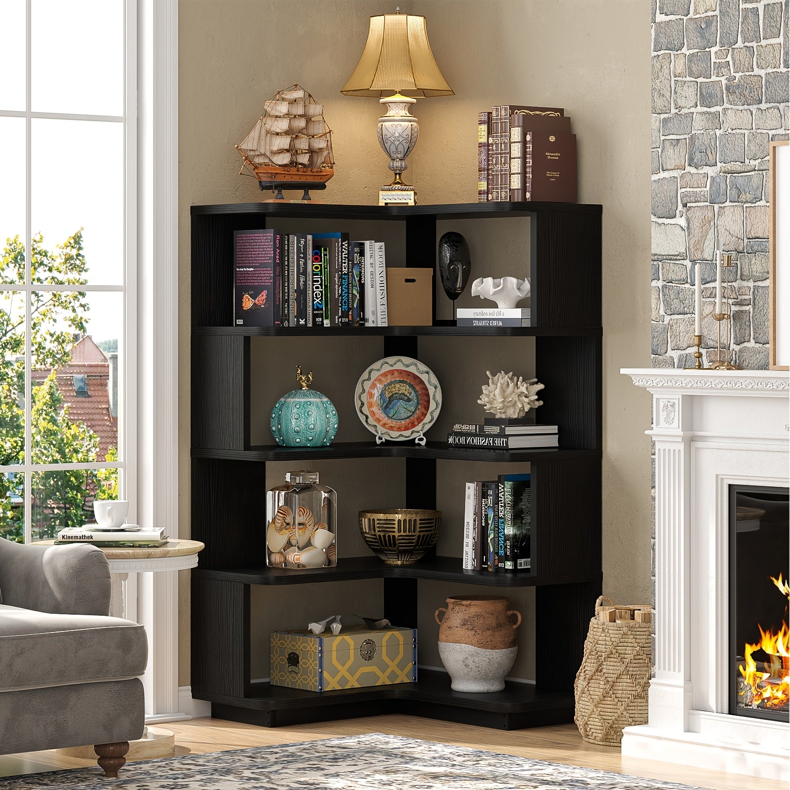 Five-Tier Corner Bookshelf with Panels, a Freestanding L-Shaped Display Rack, Suitable for Home Offices, Living Rooms, Bedrooms, And Kitchens