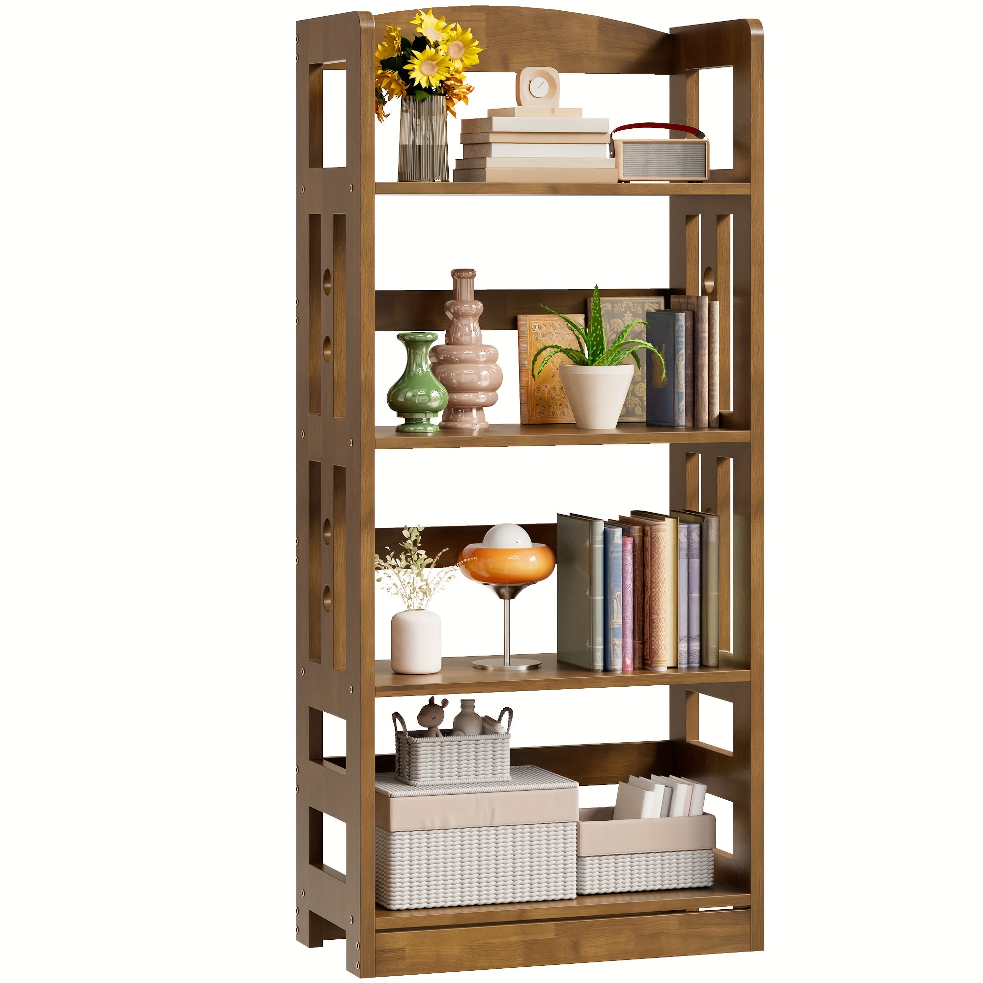 4-Tier Solid Wood Modern Freestanding Bookcase with Walnut Finish - Large Open Display Shelf with Lower Storage Cabinet, Sturdy A-Frame Construction for Home Office & Study Room, Easy Assembly, Space-Saving Design, 49\
