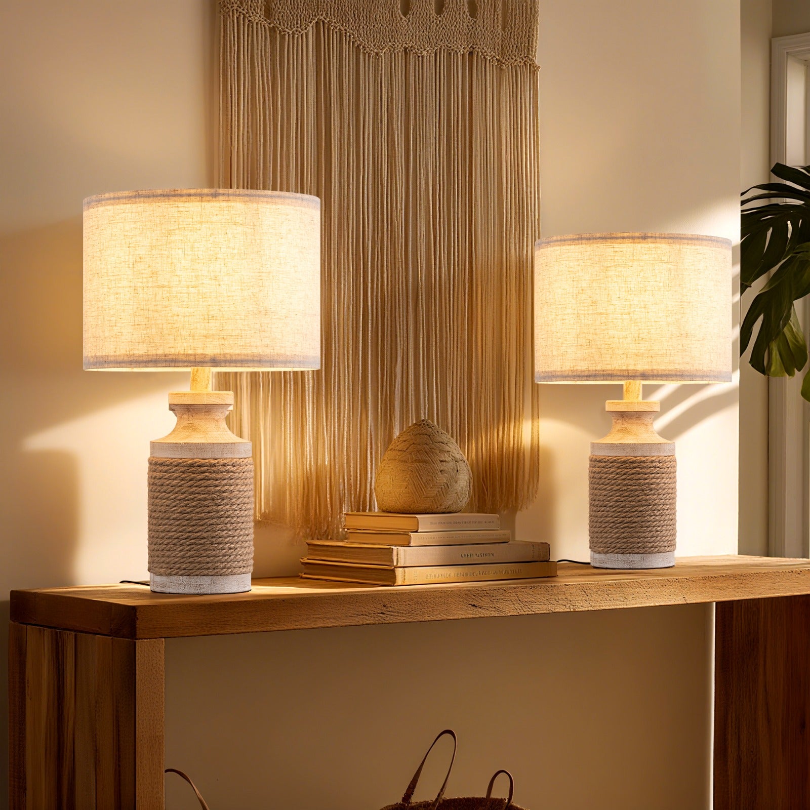 EDISHINE 2 Pack Solid Wood Table Lamp with Hemp Rope, 18.1\