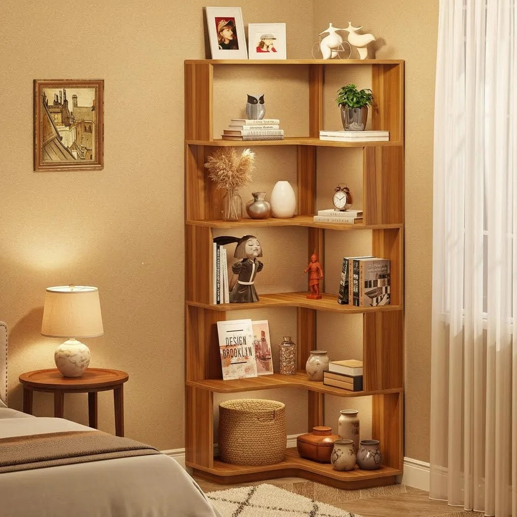 64.96inch Industrial Corner Bookcase, 6-Tier Freestanding Shelf with Anti-Drop Panel for Home Office or Living Room (1pc)