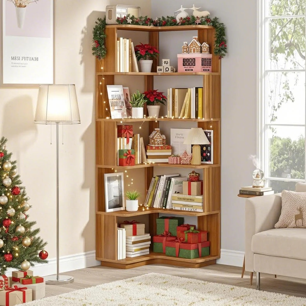 64.96inch Industrial Corner Bookcase, 6-Tier Freestanding Shelf with Anti-Drop Panel for Home Office or Living Room (1pc)