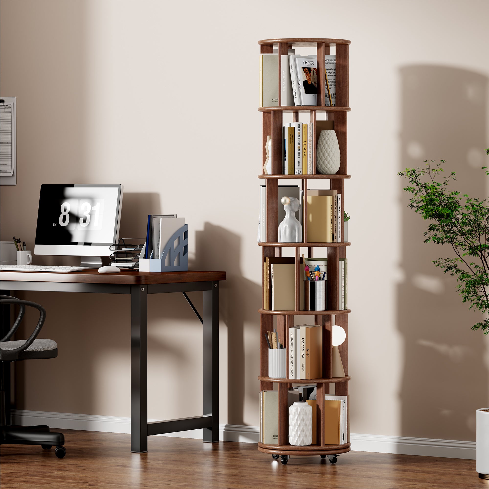 6-Tier Rotating Bookcase with Wheels - 360° Spinning Revolving Bookshelf, Space-Saving Round Storage Shelf for Corner, Narrow Spaces, Home & Office - Easy Assembly, Standalone Freestanding Unit (Compatible with, but not limited to, wood systems