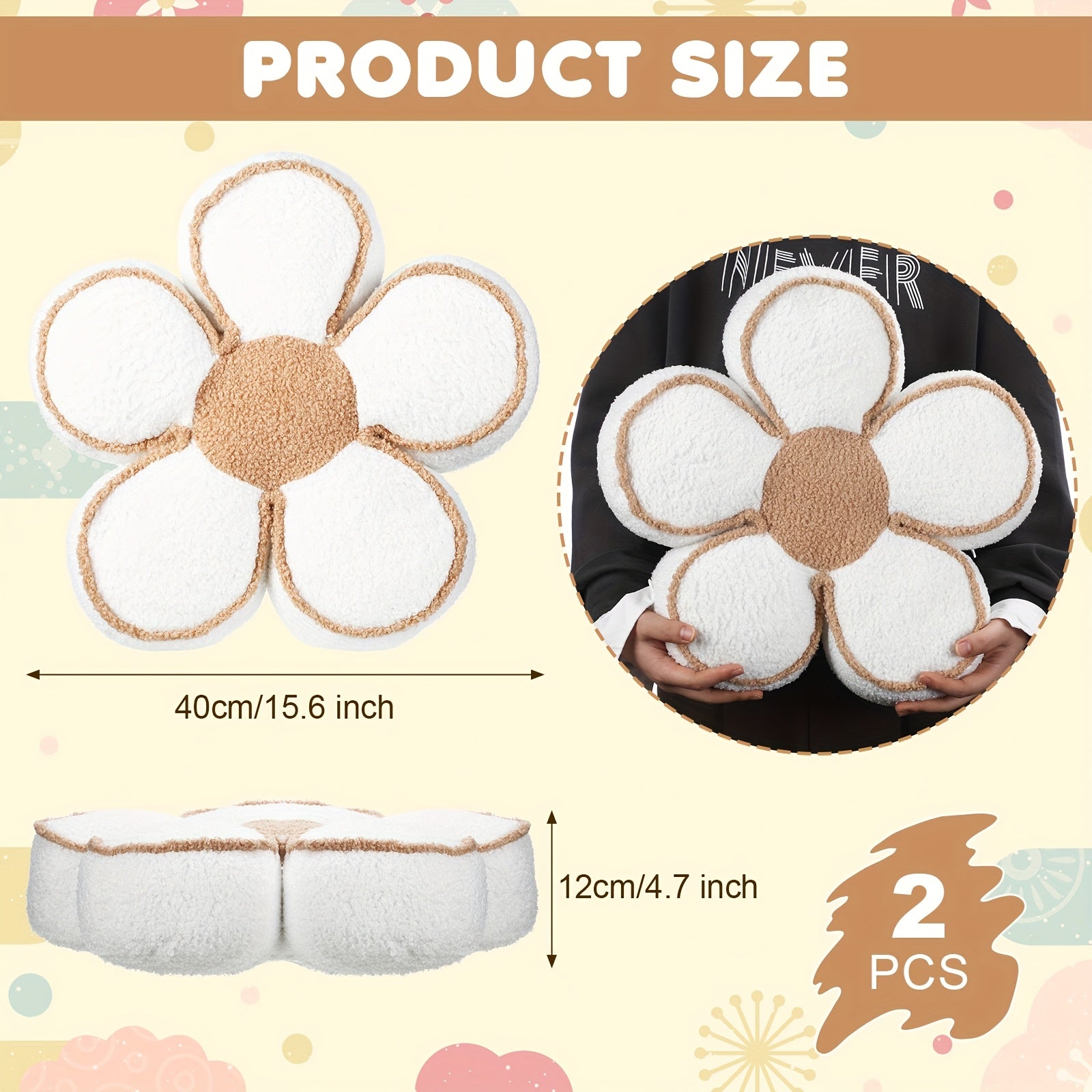 Set of 2 Adorable Floral Cushions, 15.7 Inches Soft Flower-Shaped Floor Pillows for Cozy Living Room, Bedroom, Or Sofa Decoration in Winter (White)