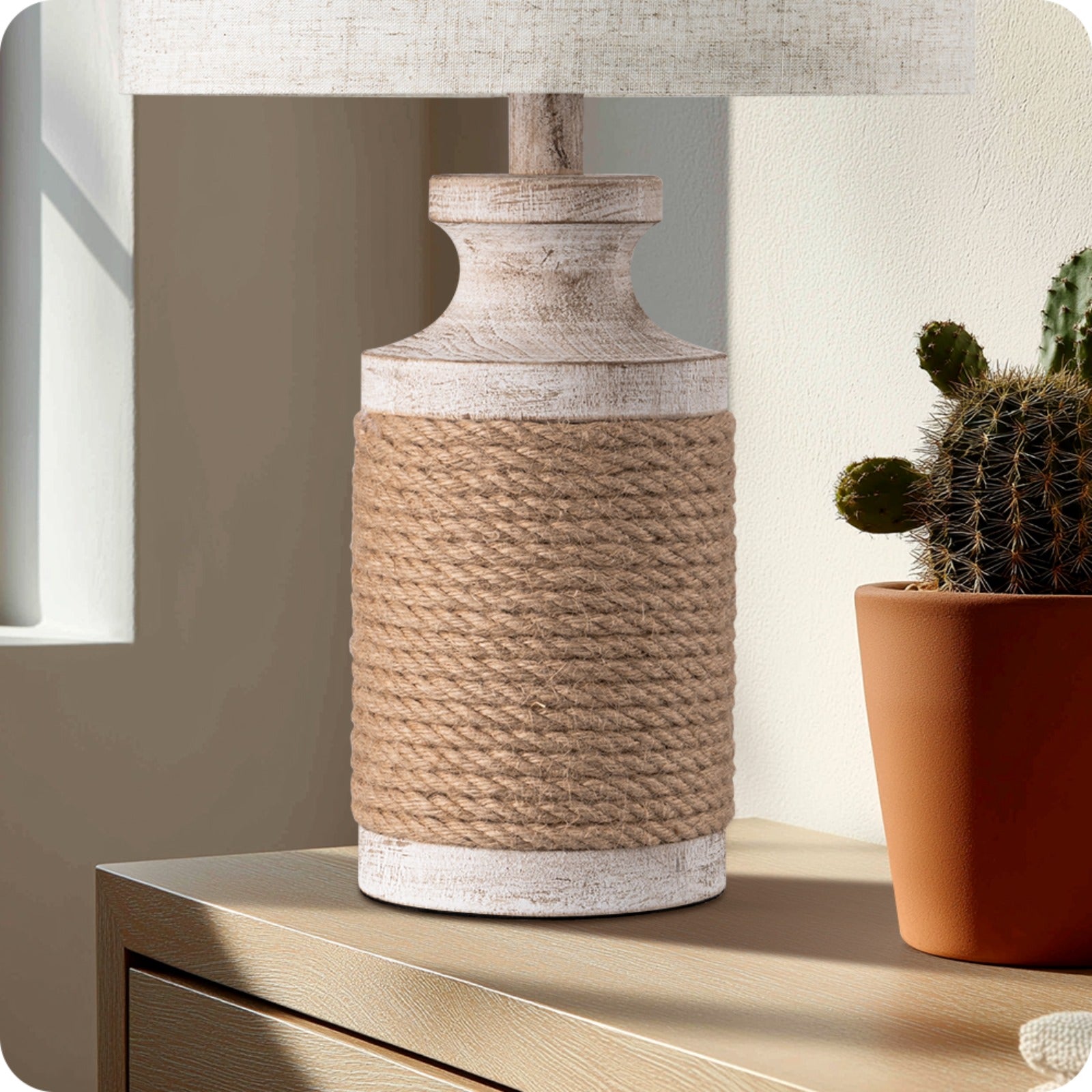 EDISHINE 2 Pack Solid Wood Table Lamp with Hemp Rope, 18.1\