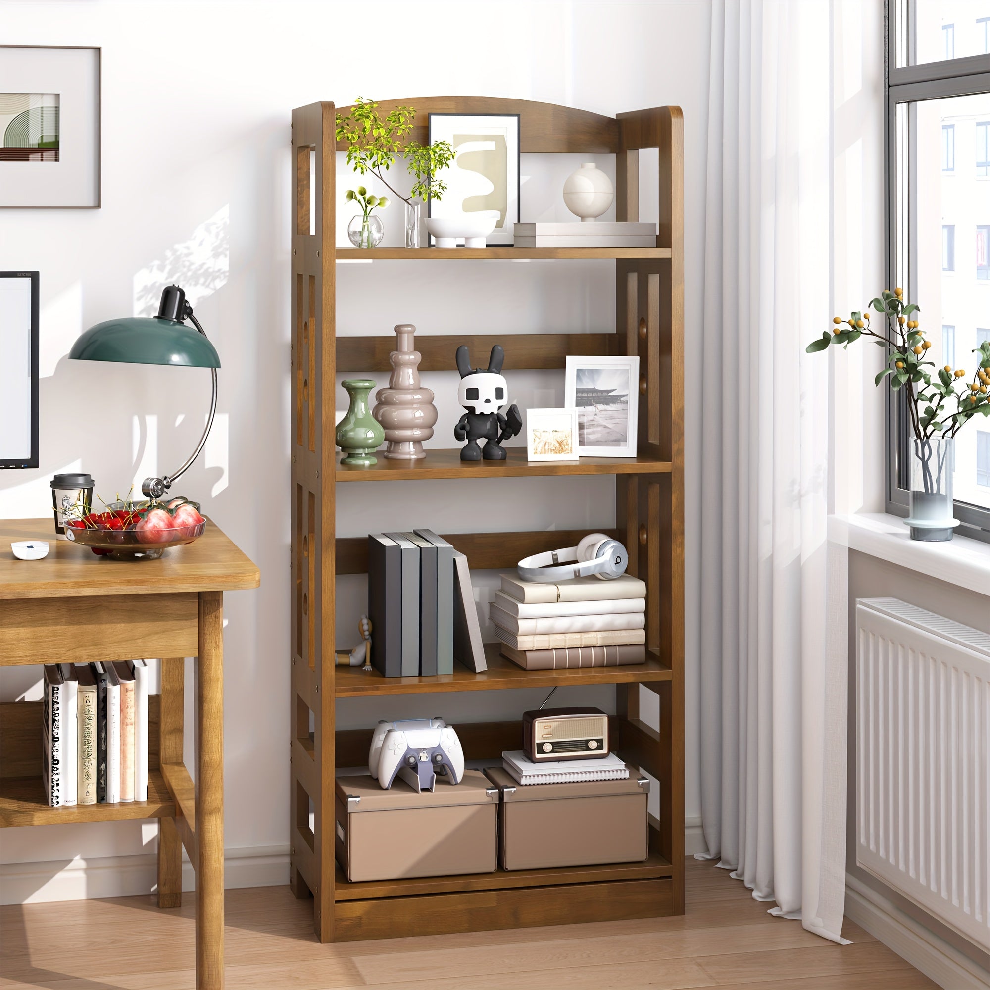 4-Tier Solid Wood Modern Freestanding Bookcase with Walnut Finish - Large Open Display Shelf with Lower Storage Cabinet, Sturdy A-Frame Construction for Home Office & Study Room, Easy Assembly, Space-Saving Design, 49\