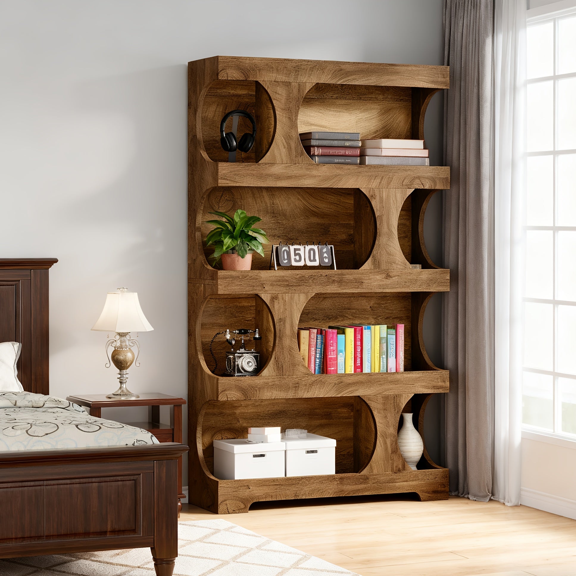 71-inch Tall 4-Tier Solid Hardwood Bookcase with Storage Shelves - Modern Freestanding Bookshelf, Natural Wood & \u002F Painted Shelves, Sturdy Floor-Standing Design for Living Room, Bedroom, Home Office - Easy Assembly Required