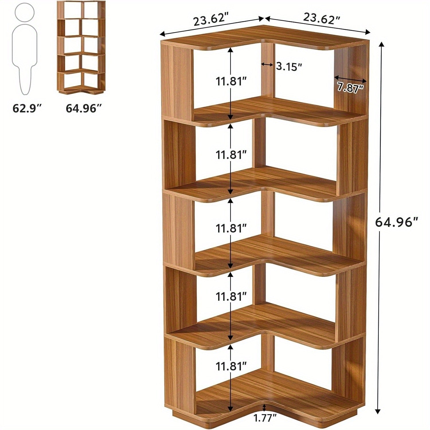 64.96inch Industrial Corner Bookcase, 6-Tier Freestanding Shelf with Anti-Drop Panel for Home Office or Living Room (1pc)