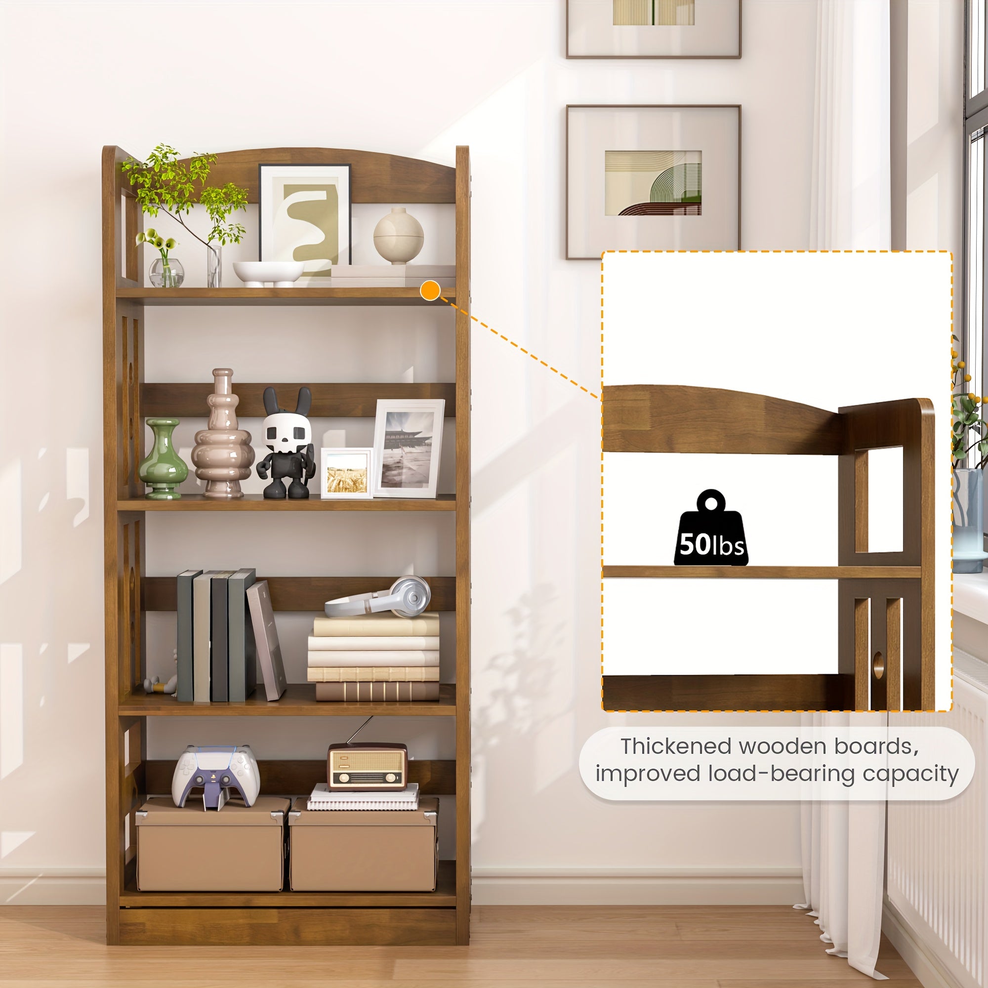 4-Tier Solid Wood Modern Freestanding Bookcase with Walnut Finish - Large Open Display Shelf with Lower Storage Cabinet, Sturdy A-Frame Construction for Home Office & Study Room, Easy Assembly, Space-Saving Design, 49\