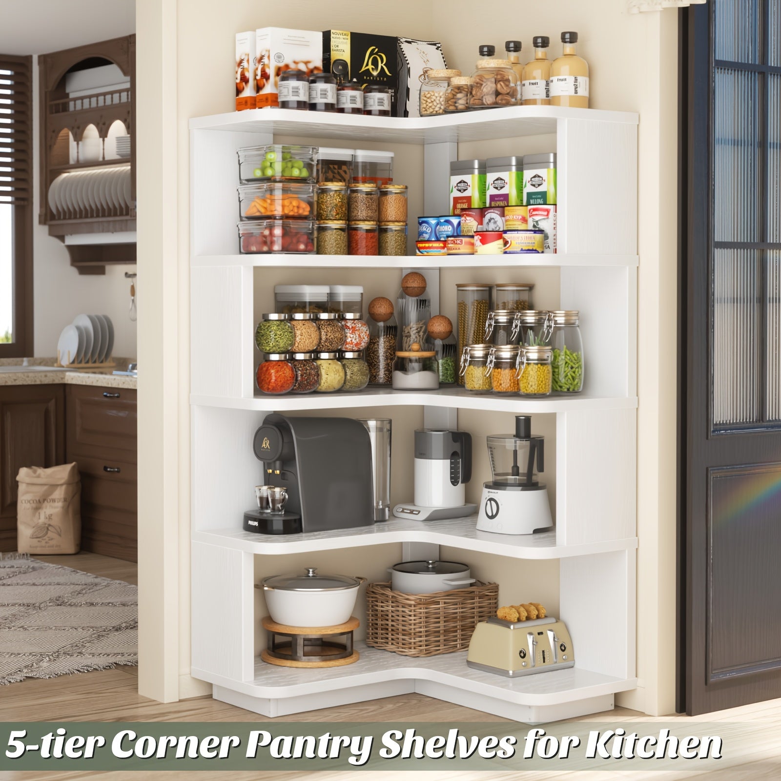 Five-Tier Corner Bookshelf with Panels, a Freestanding L-Shaped Display Rack, Suitable for Home Offices, Living Rooms, Bedrooms, And Kitchens