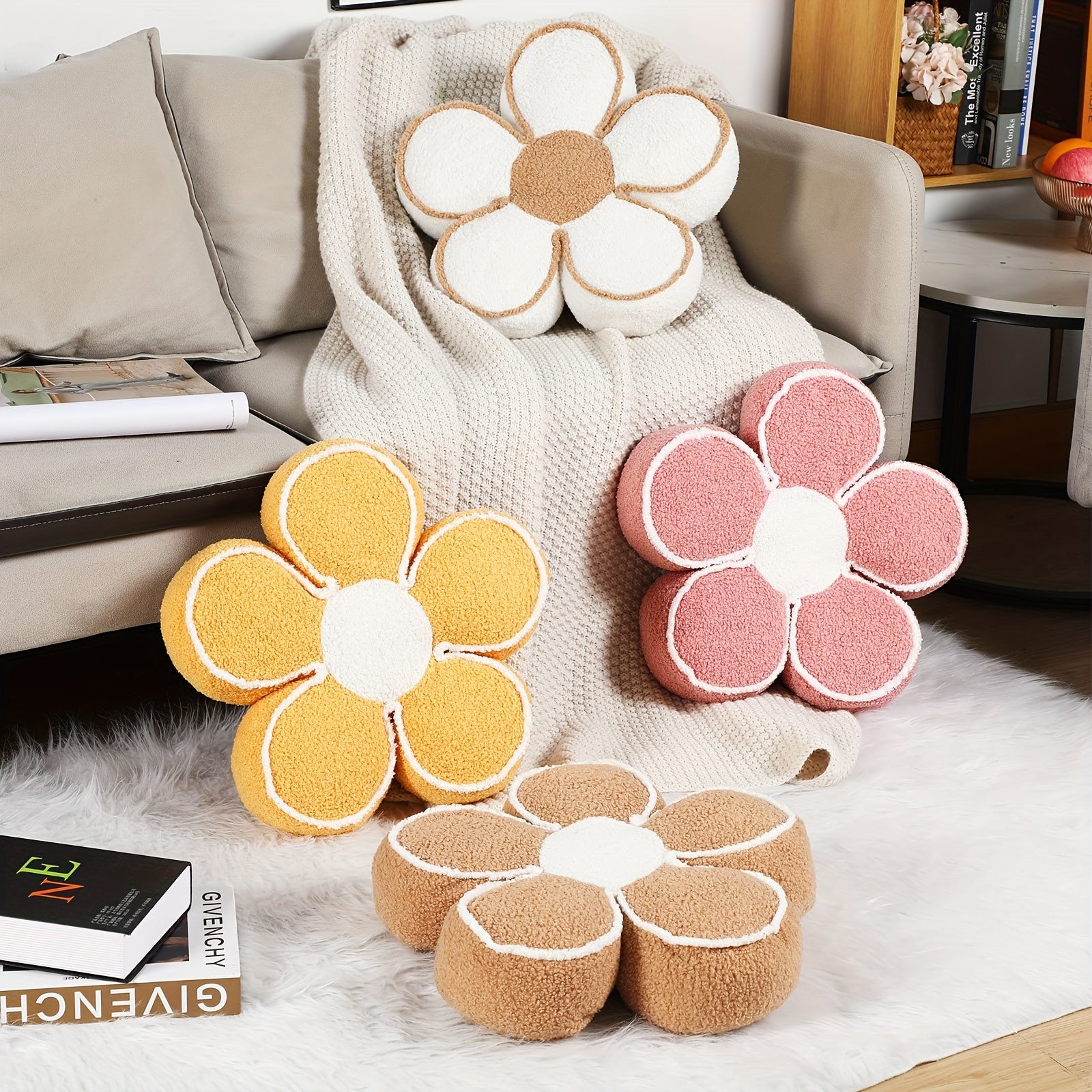 Set of 2 Adorable Floral Cushions, 15.7 Inches Soft Flower-Shaped Floor Pillows for Cozy Living Room, Bedroom, Or Sofa Decoration in Winter (White)