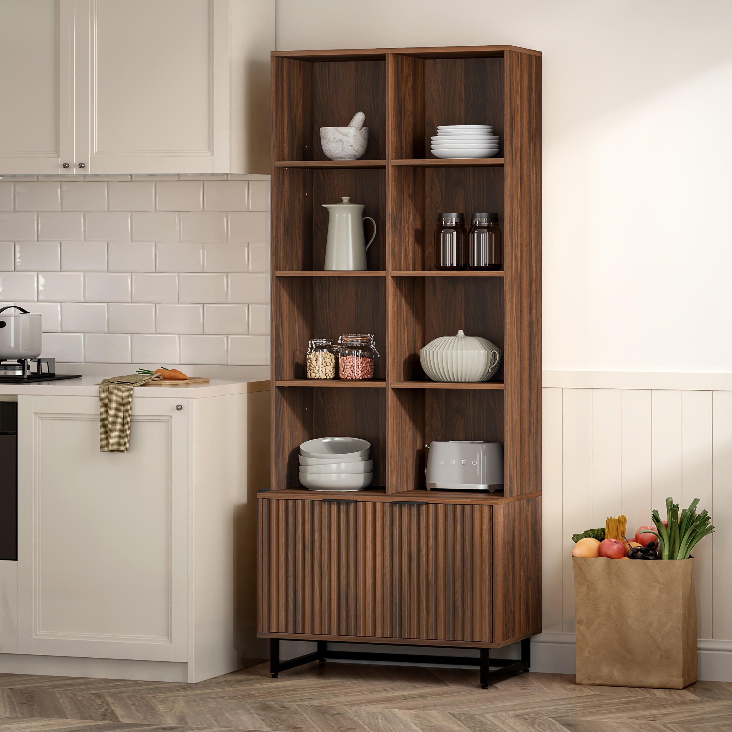 Bookshelf with Doors Cabinet 71'' Tall Farmhouse Bookcase 4 Tier Bookshelves with Adjustable Shelves Storage Wooden Book Case for Library Home Office Living Room Kitchen, Natural Oak