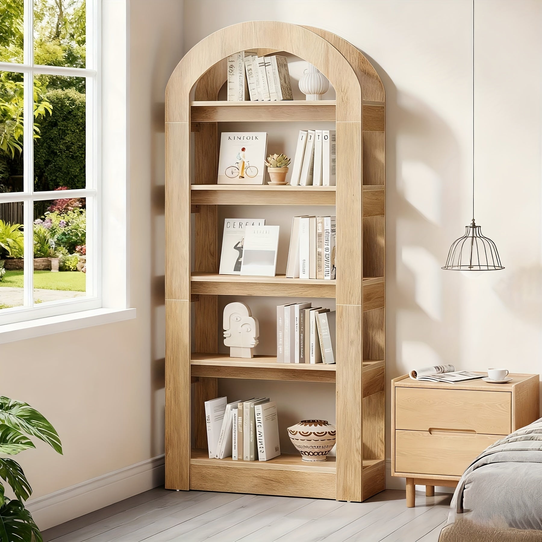 Modern Storage Option Featuring a 5-Tier Bookshelf with Arch-Shaped Racks And a Tall Wooden Bookcase in Teak Color