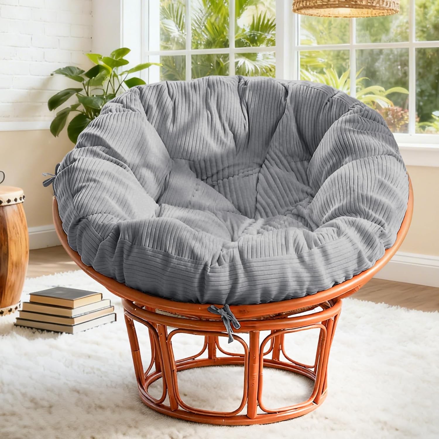 Indoor Papasan Chair Cushion with Corduroy Cover (Without Chair), Papasan Cushion with Hidden Zipper & Straps, 48 X 48 X7.8 Inch Round Papasan Supportive Cushion, Green