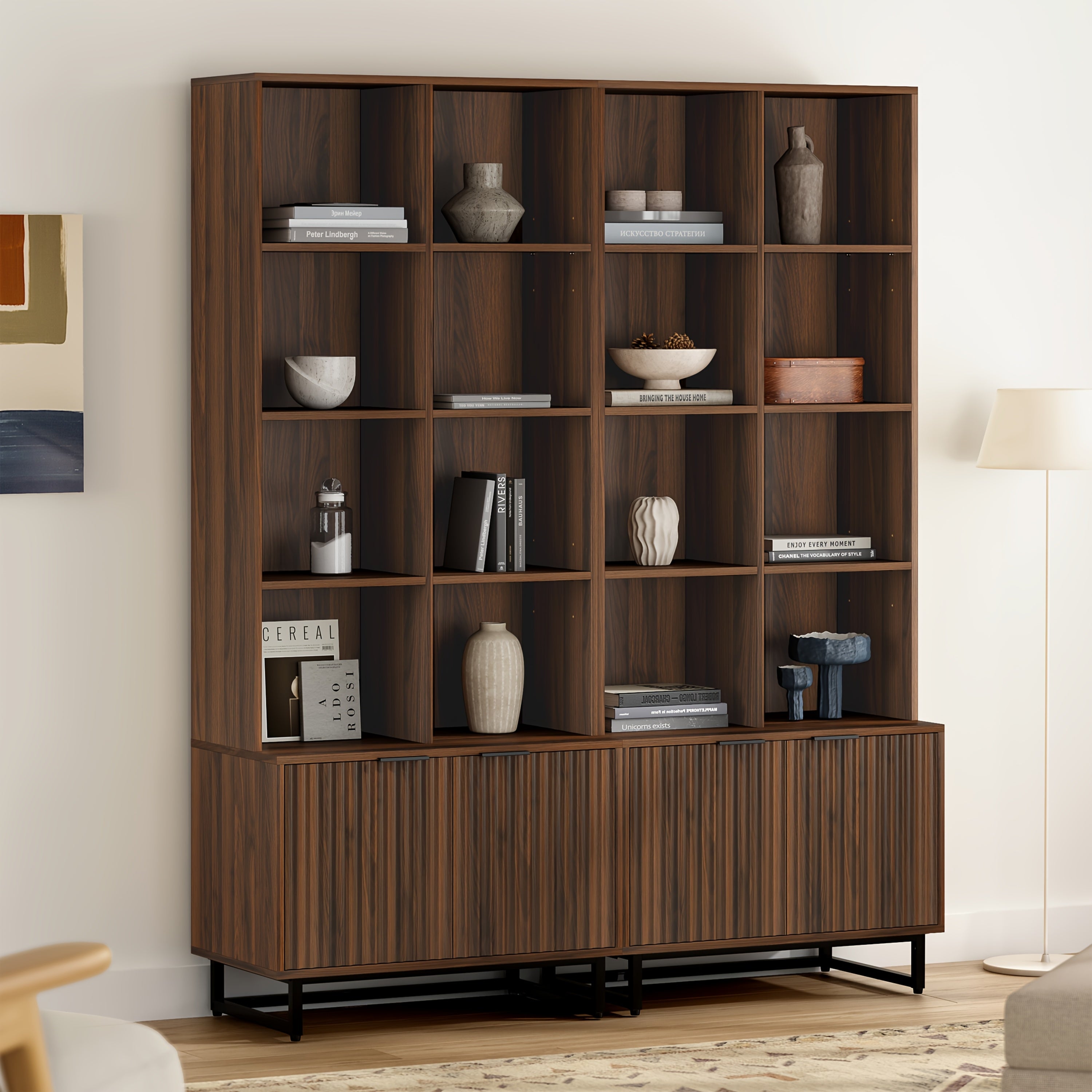 Bookshelf with Doors Cabinet 71'' Tall Farmhouse Bookcase 4 Tier Bookshelves with Adjustable Shelves Storage Wooden Book Case for Library Home Office Living Room Kitchen, Natural Oak