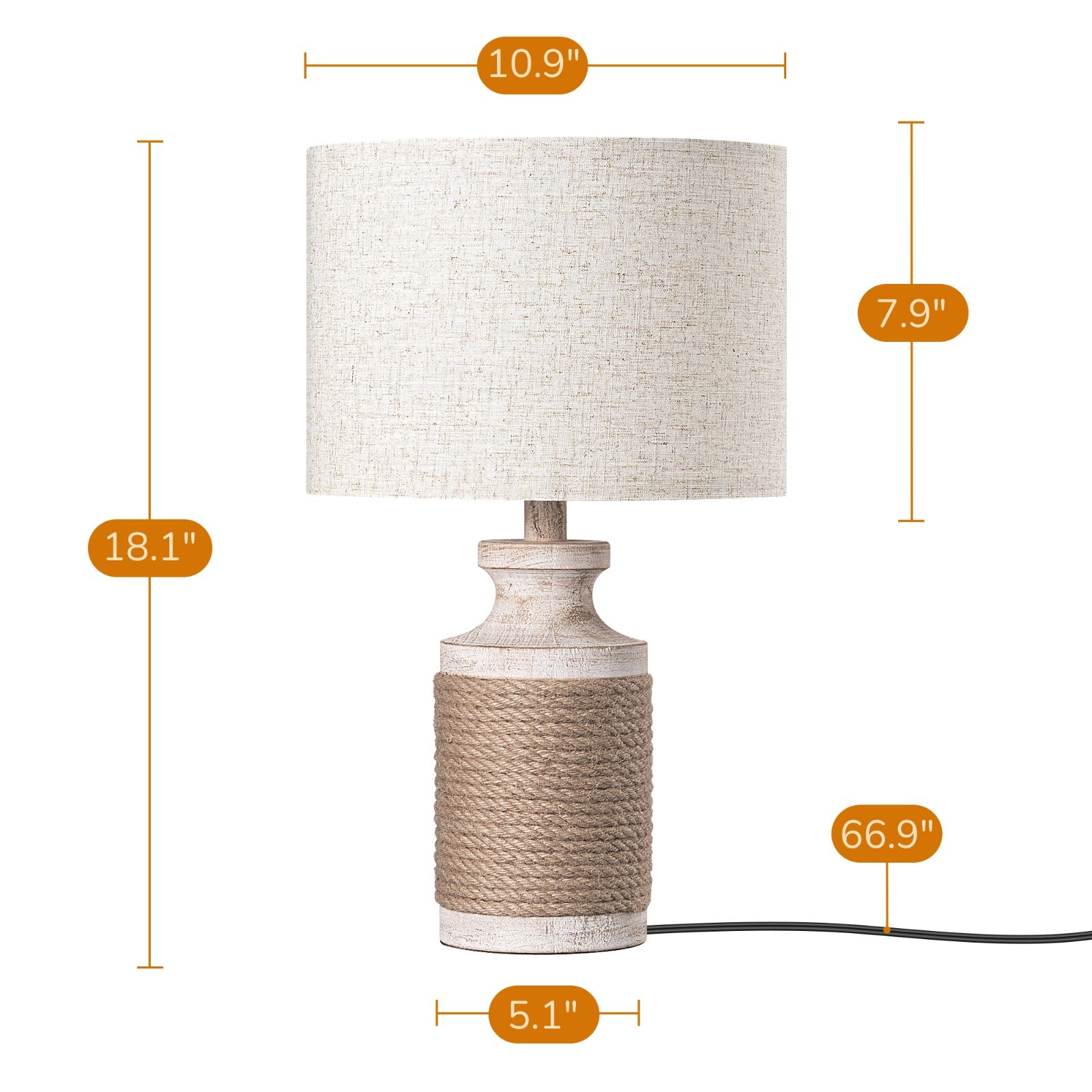 EDISHINE 2 Pack Solid Wood Table Lamp with Hemp Rope, 18.1\