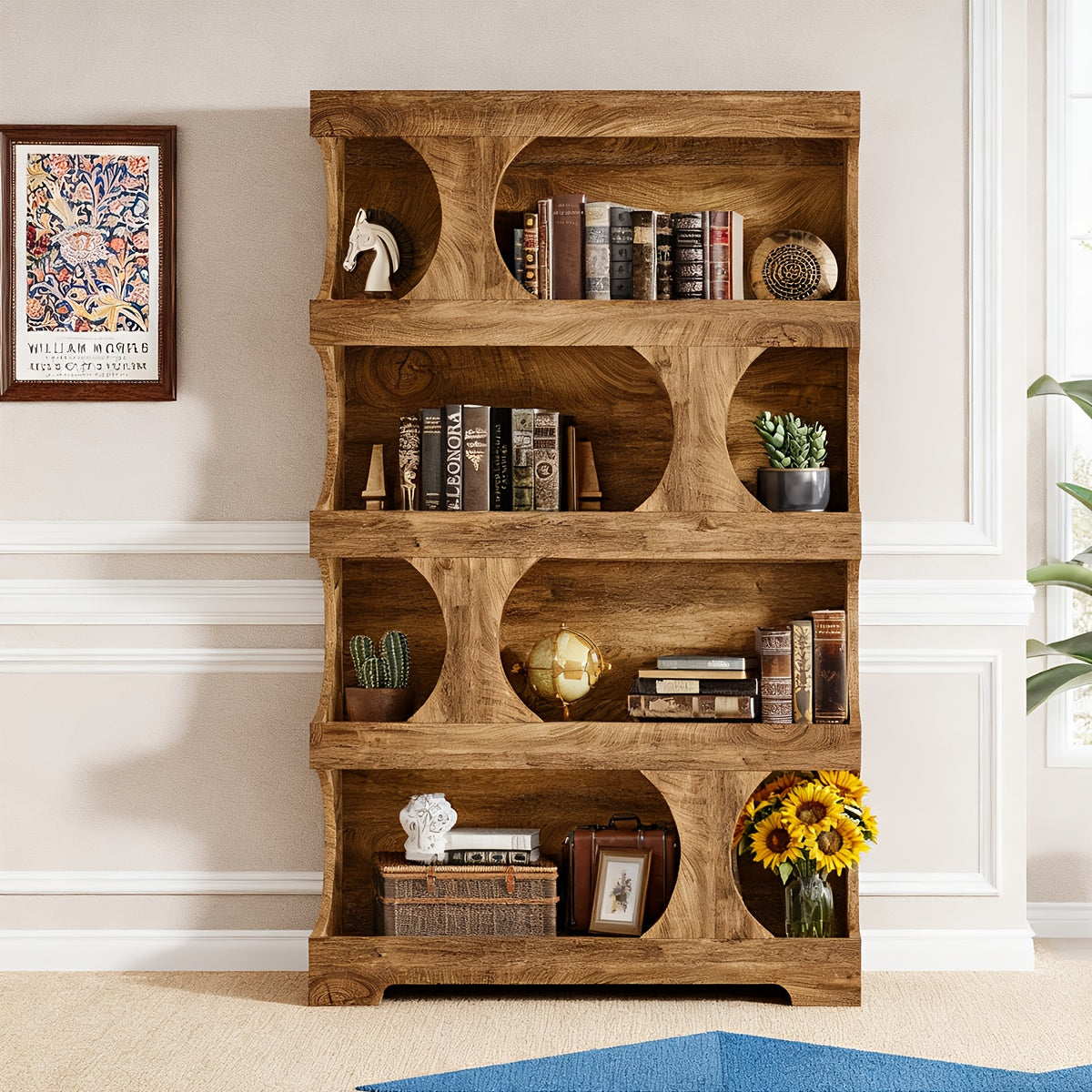 71-inch Tall 4-Tier Solid Hardwood Bookcase with Storage Shelves - Modern Freestanding Bookshelf, Natural Wood & \u002F Painted Shelves, Sturdy Floor-Standing Design for Living Room, Bedroom, Home Office - Easy Assembly Required