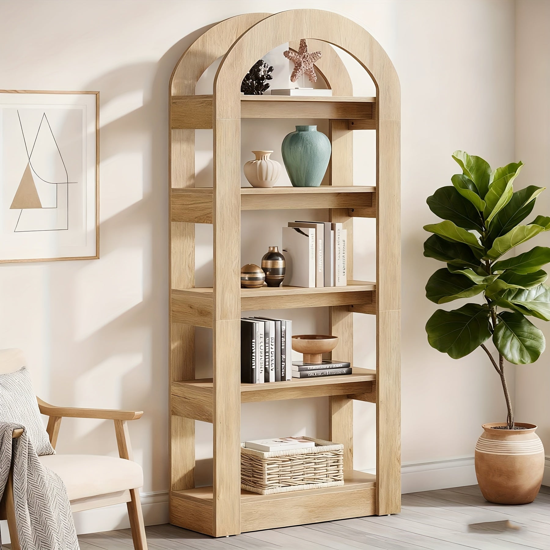 Modern Storage Option Featuring a 5-Tier Bookshelf with Arch-Shaped Racks And a Tall Wooden Bookcase in Teak Color
