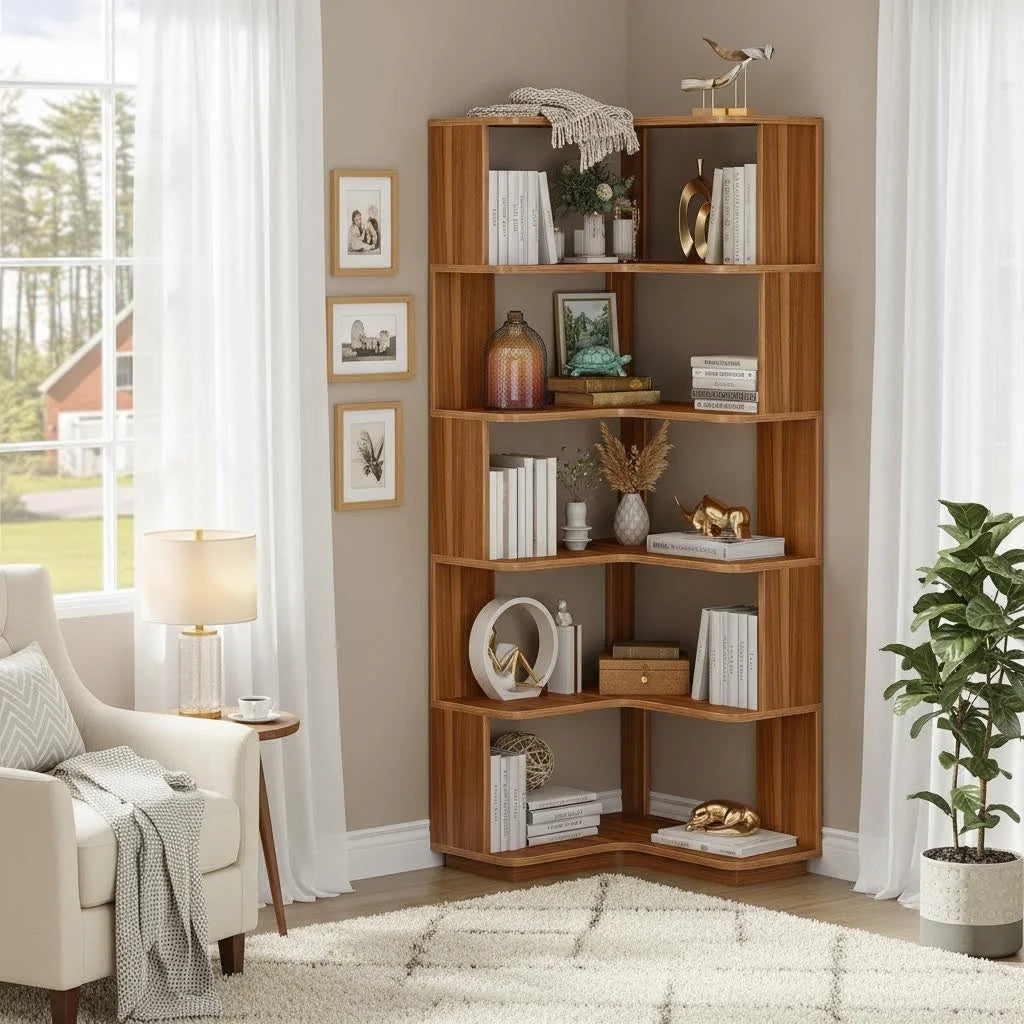 64.96inch Industrial Corner Bookcase, 6-Tier Freestanding Shelf with Anti-Drop Panel for Home Office or Living Room (1pc)