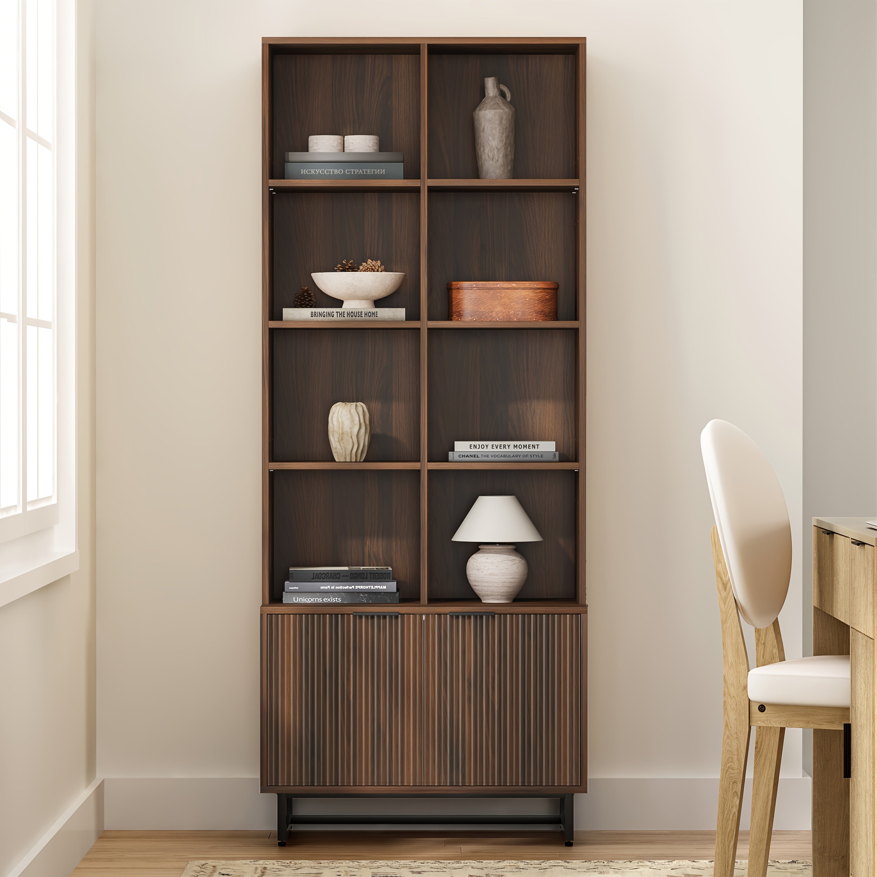 Bookshelf with Doors Cabinet 71'' Tall Farmhouse Bookcase 4 Tier Bookshelves with Adjustable Shelves Storage Wooden Book Case for Library Home Office Living Room Kitchen, Natural Oak