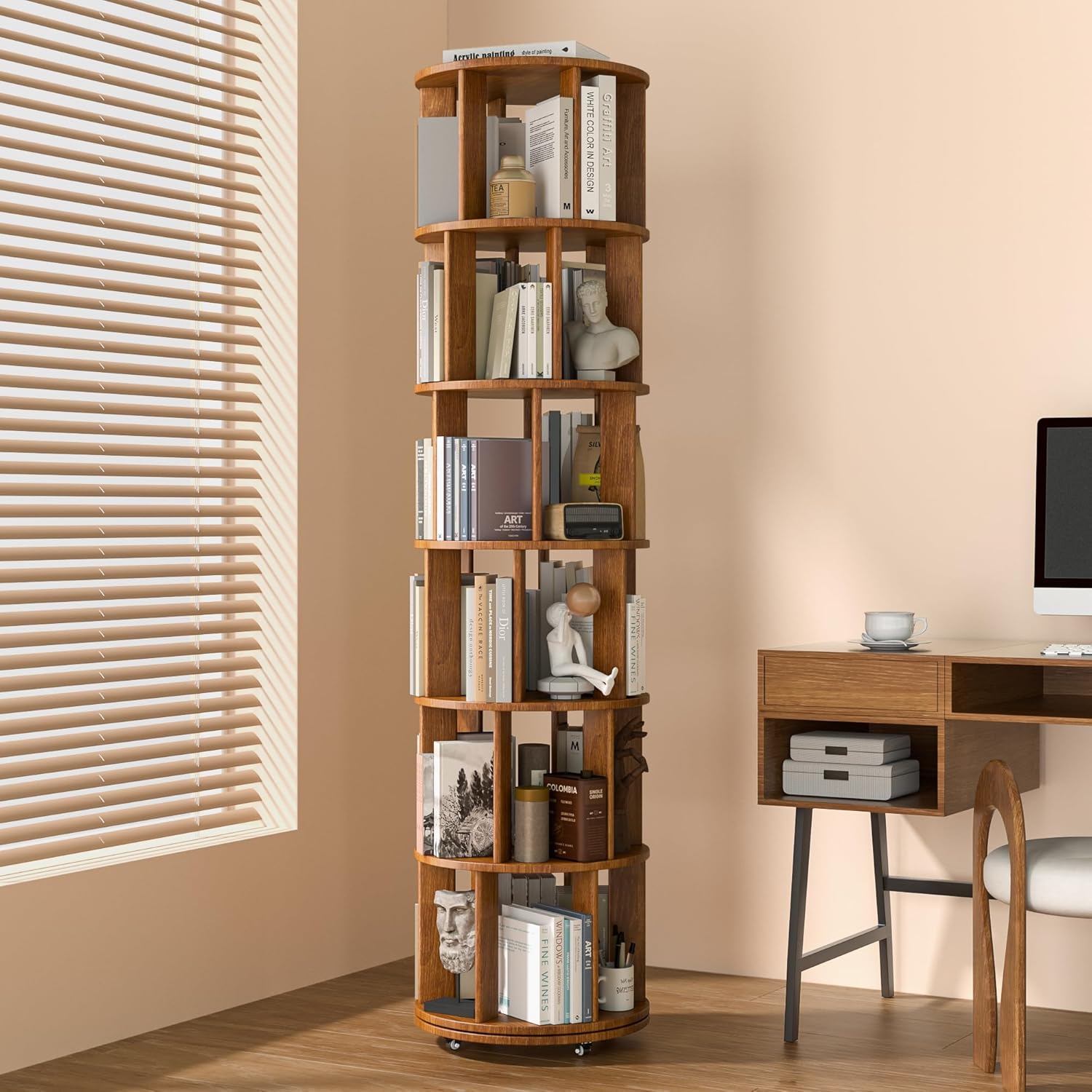 6-Tier Rotating Bookcase with Wheels - 360° Spinning Revolving Bookshelf, Space-Saving Round Storage Shelf for Corner, Narrow Spaces, Home & Office - Easy Assembly, Standalone Freestanding Unit (Compatible with, but not limited to, wood systems