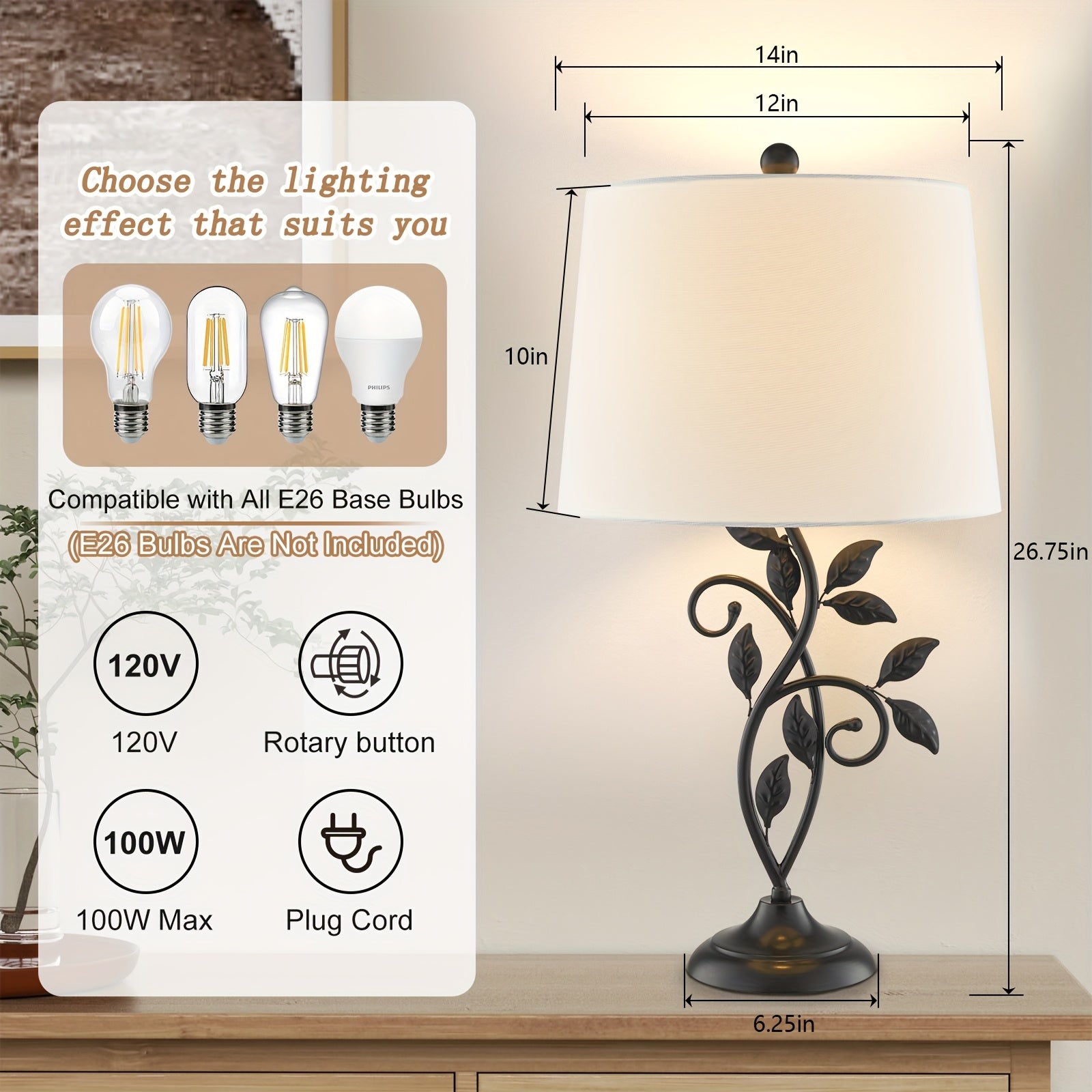 Retro Table Lamps Set of 2, 3-Way Dimmable Bedside Lamps with Oatmeal\u002FWhite Fabric Shade, Black Metal Nightstand Lamps for Living Room, Bedroom, Office, Study