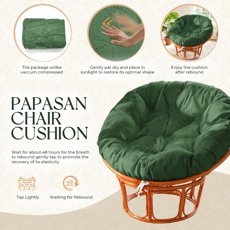 Indoor Papasan Chair Cushion with Corduroy Cover (Without Chair), Papasan Cushion with Hidden Zipper & Straps, 48 X 48 X7.8 Inch Round Papasan Supportive Cushion, Green