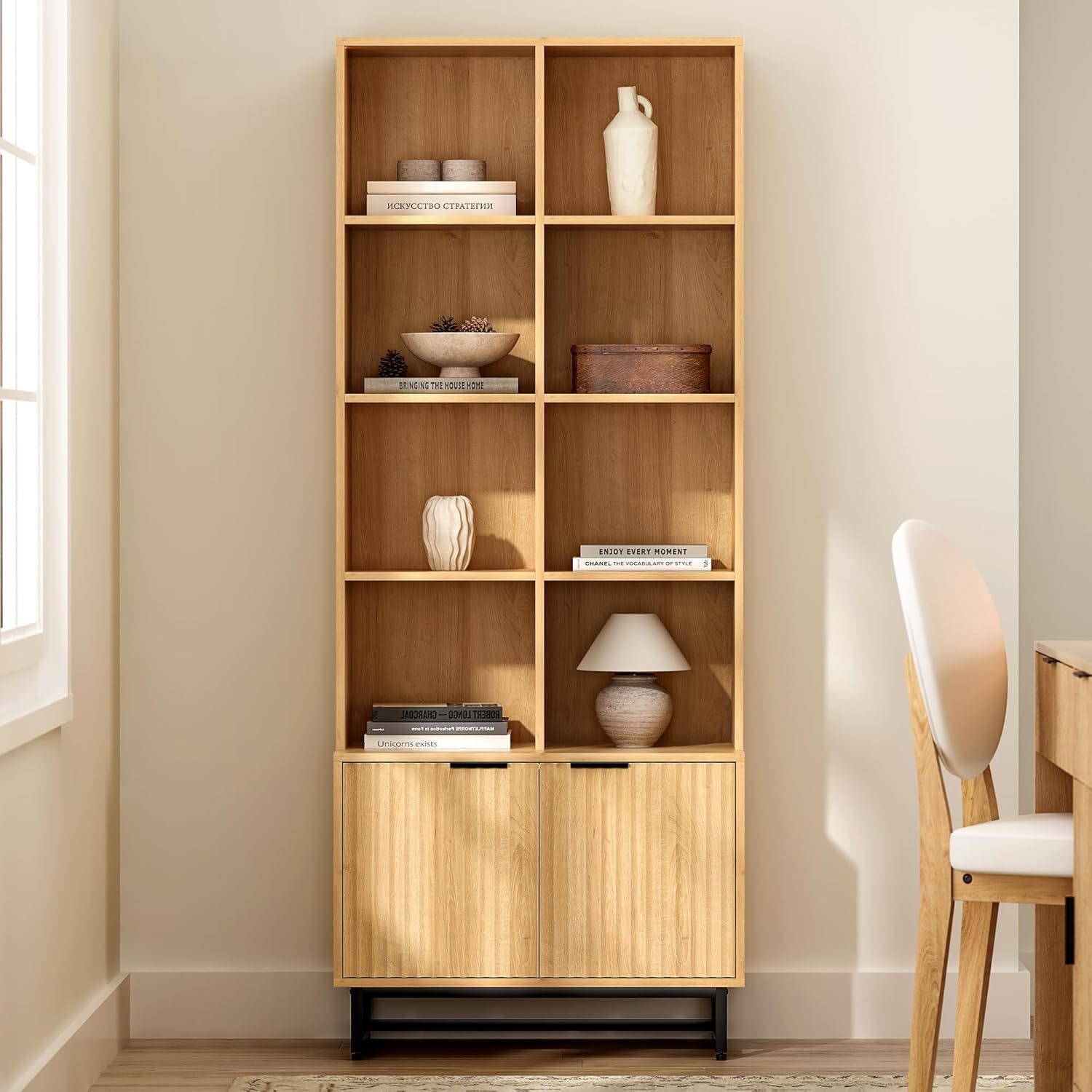 Bookshelf with Doors Cabinet 71'' Tall Farmhouse Bookcase 4 Tier Bookshelves with Adjustable Shelves Storage Wooden Book Case for Library Home Office Living Room Kitchen, Natural Oak