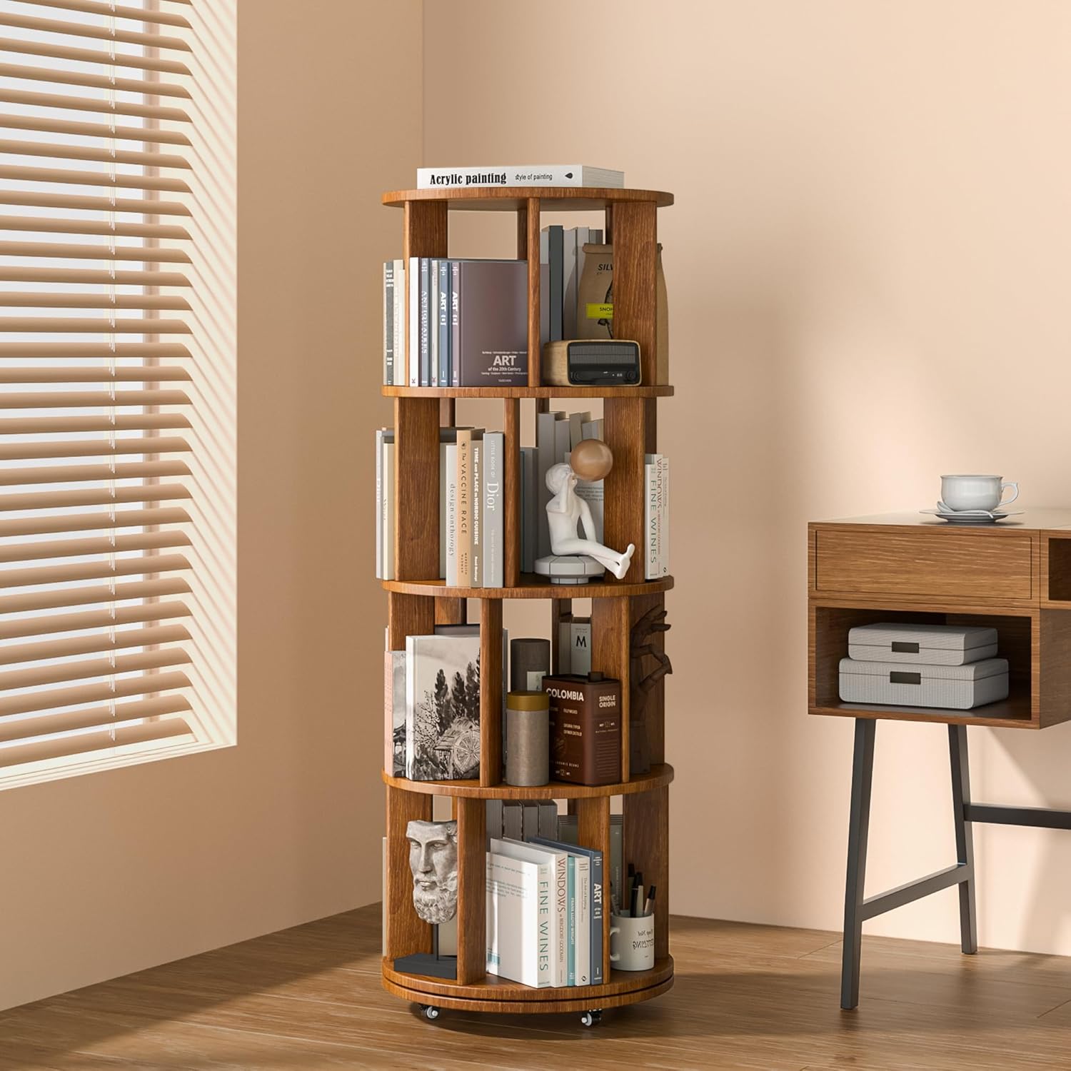 6-Tier Rotating Bookcase with Wheels - 360° Spinning Revolving Bookshelf, Space-Saving Round Storage Shelf for Corner, Narrow Spaces, Home & Office - Easy Assembly, Standalone Freestanding Unit (Compatible with, but not limited to, wood systems