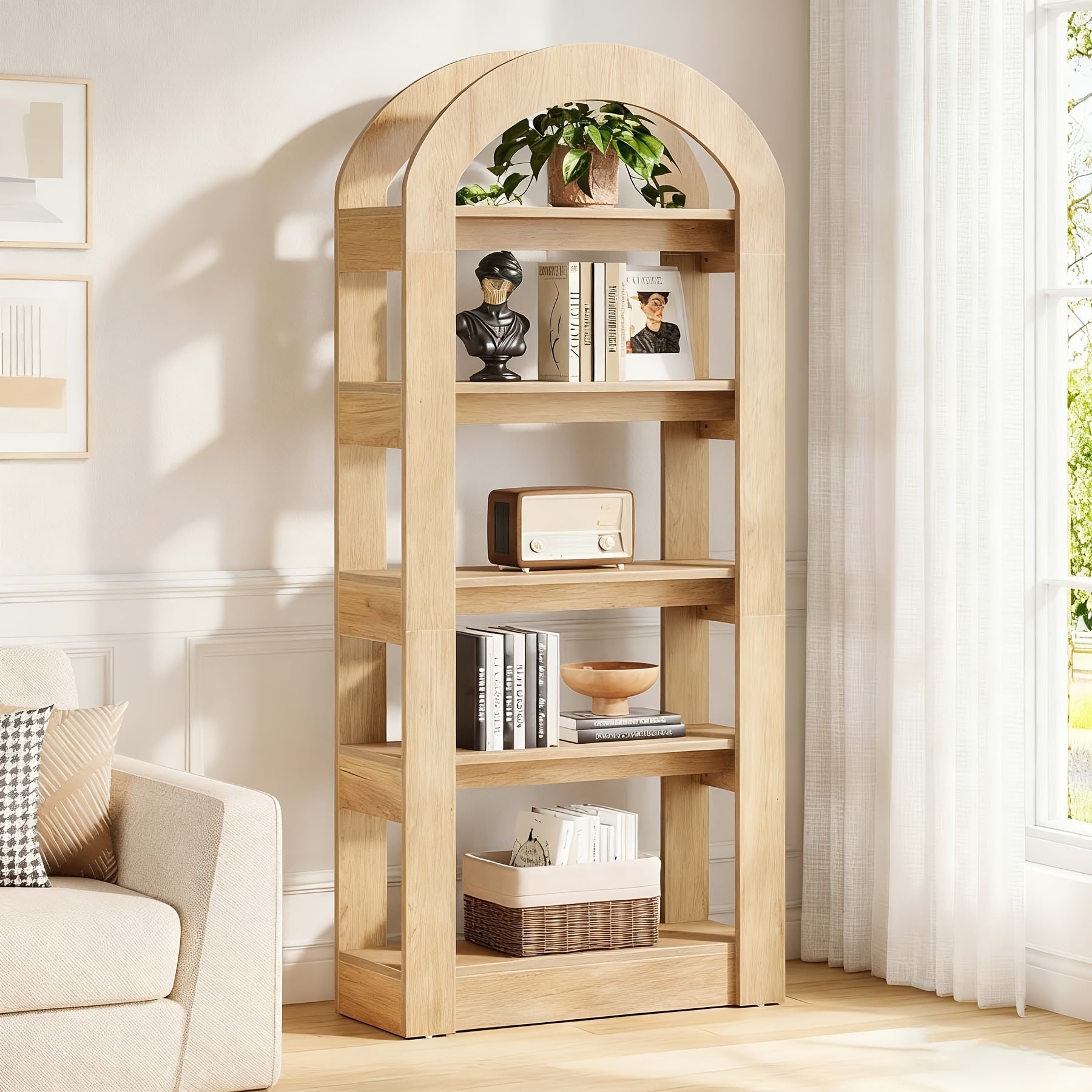 Modern Storage Option Featuring a 5-Tier Bookshelf with Arch-Shaped Racks And a Tall Wooden Bookcase in Teak Color