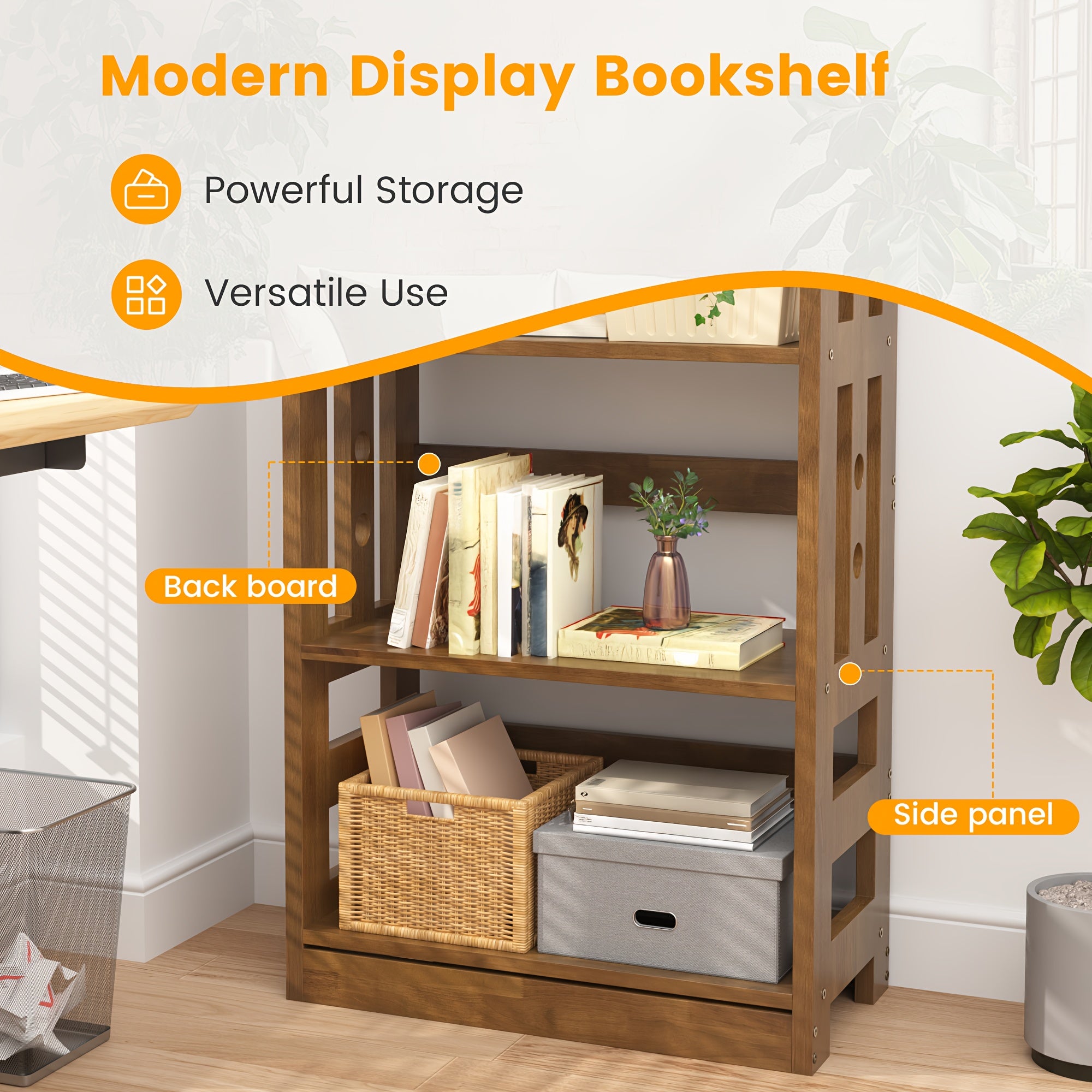 4-Tier Solid Wood Modern Freestanding Bookcase with Walnut Finish - Large Open Display Shelf with Lower Storage Cabinet, Sturdy A-Frame Construction for Home Office & Study Room, Easy Assembly, Space-Saving Design, 49\