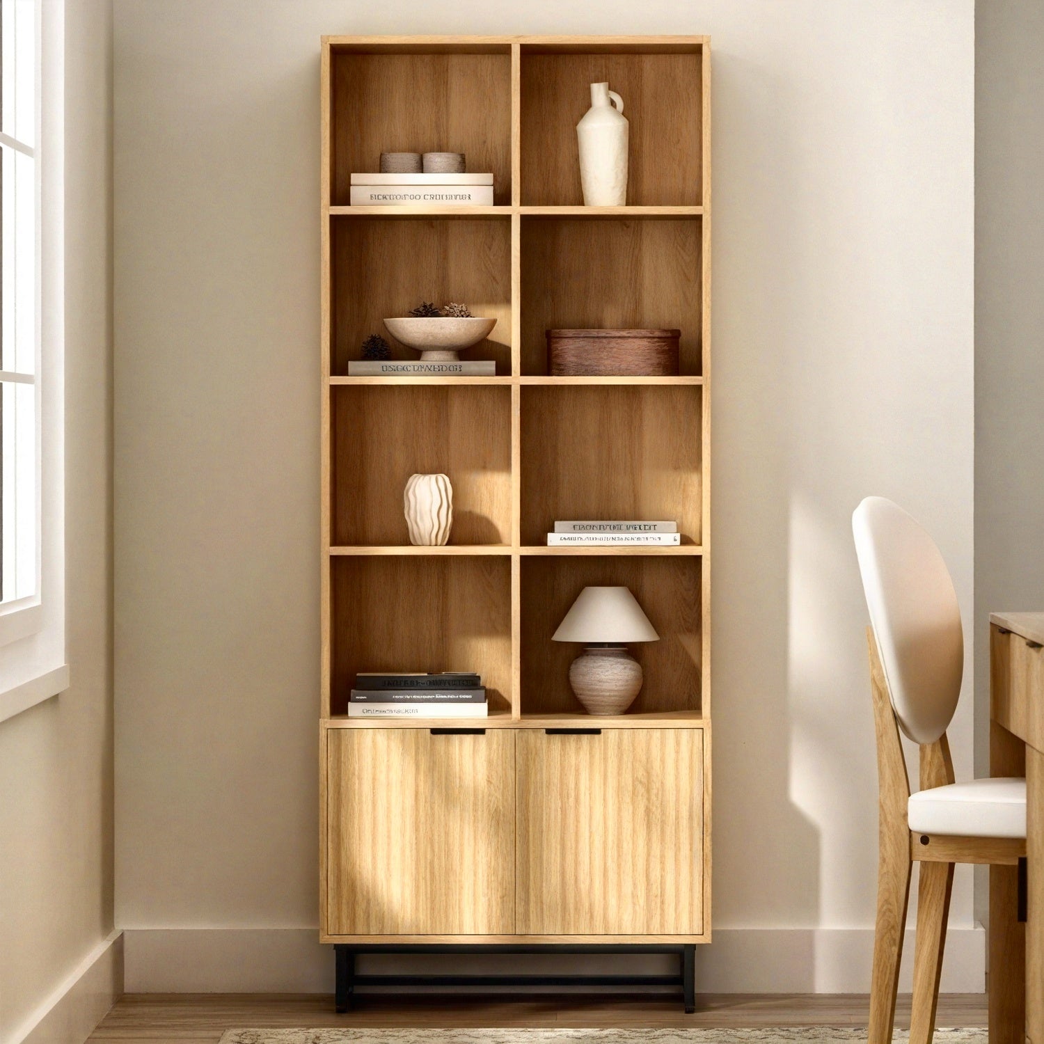 Bookshelf with Doors Cabinet 71'' Tall Farmhouse Bookcase 4 Tier Bookshelves with Adjustable Shelves Storage Wooden Book Case for Library Home Office Living Room Kitchen, Natural Oak