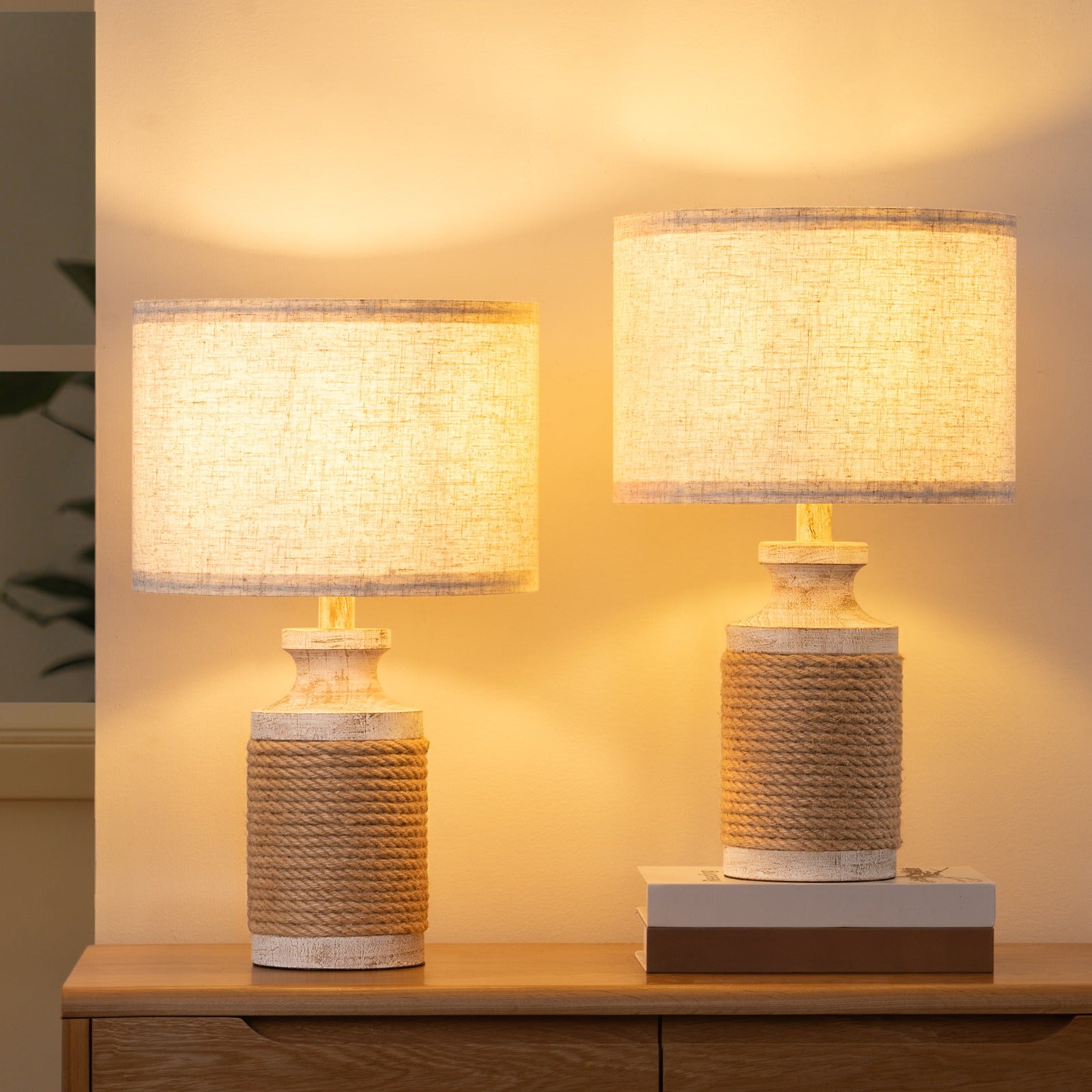 EDISHINE 2 Pack Solid Wood Table Lamp with Hemp Rope, 18.1\