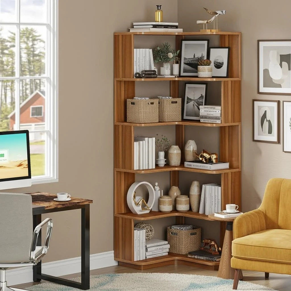 64.96inch Industrial Corner Bookcase, 6-Tier Freestanding Shelf with Anti-Drop Panel for Home Office or Living Room (1pc)