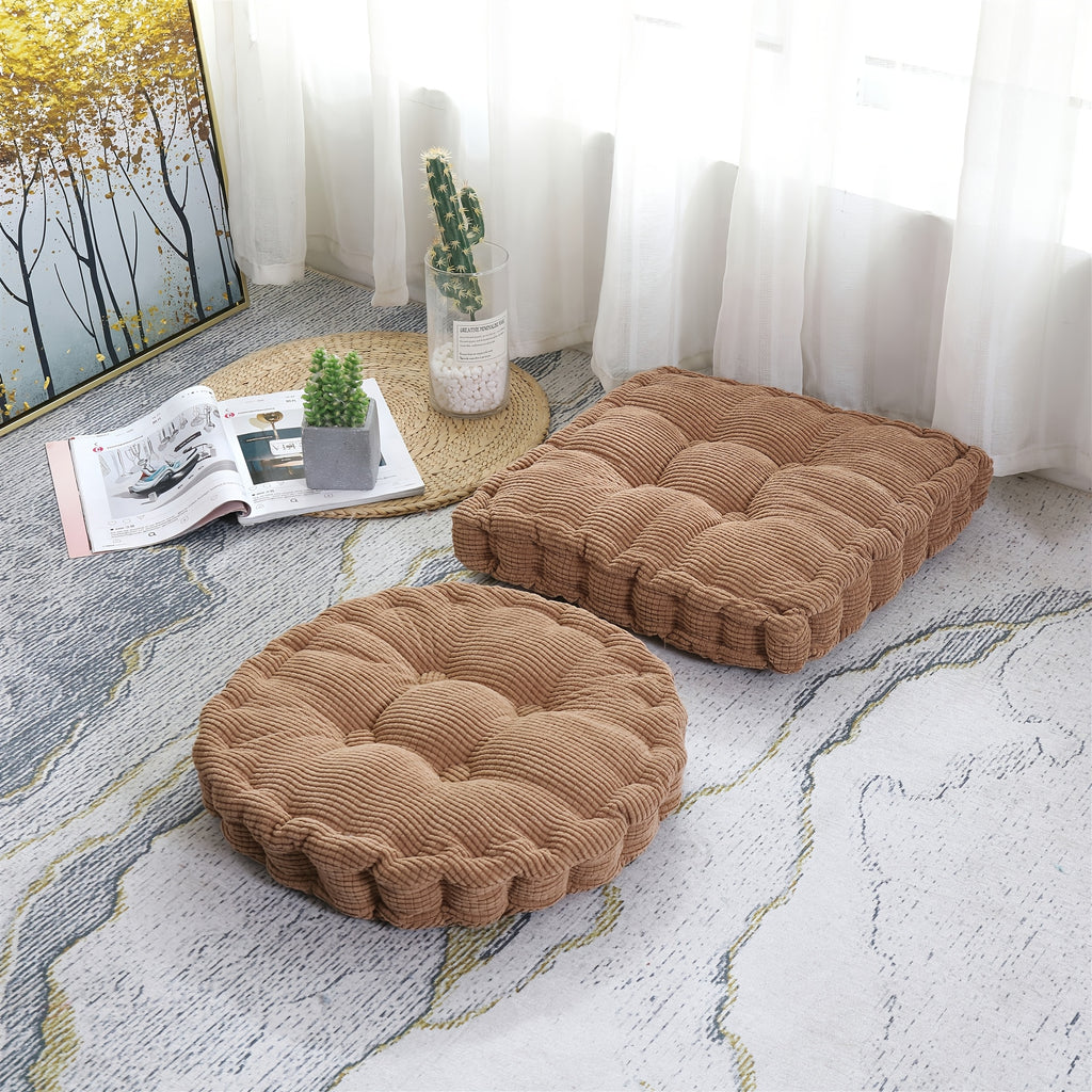 Set Of 2 Soft And Thick Tatami Seat Cushions (1pc Round + 1pc Square) - Corduroy Chair Cushions For Office, Bedroom And Dining Chairs - Round And Square Home Decor Cushions
