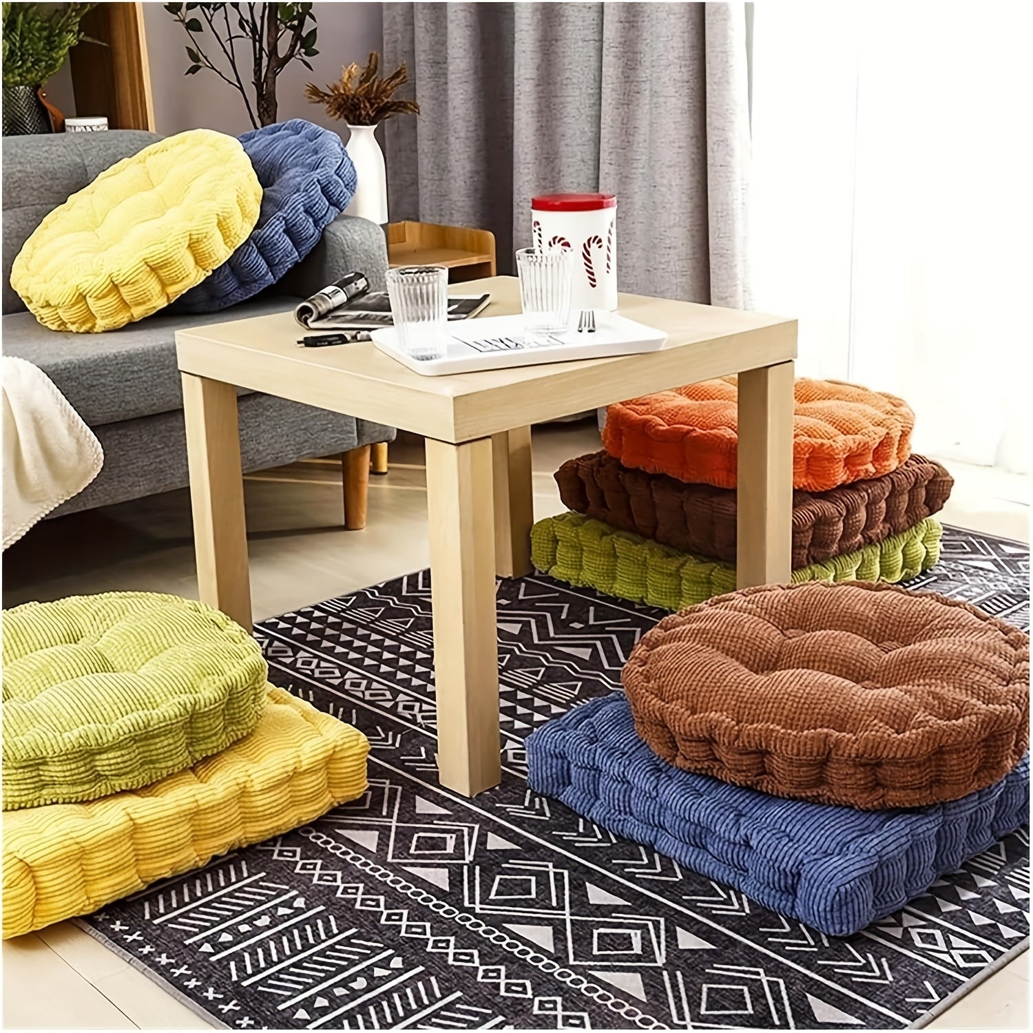 Set Of 2 Soft And Thick Tatami Seat Cushions (1pc Round + 1pc Square) - Corduroy Chair Cushions For Office, Bedroom And Dining Chairs - Round And Square Home Decor Cushions
