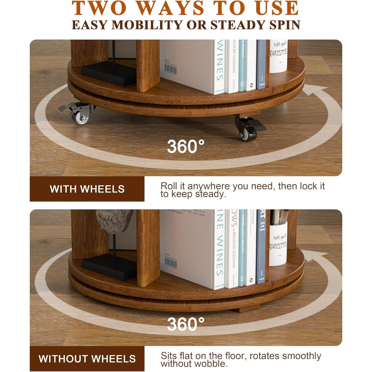 6-Tier Rotating Bookcase with Wheels - 360° Spinning Revolving Bookshelf, Space-Saving Round Storage Shelf for Corner, Narrow Spaces, Home & Office - Easy Assembly, Standalone Freestanding Unit (Compatible with, but not limited to, wood systems