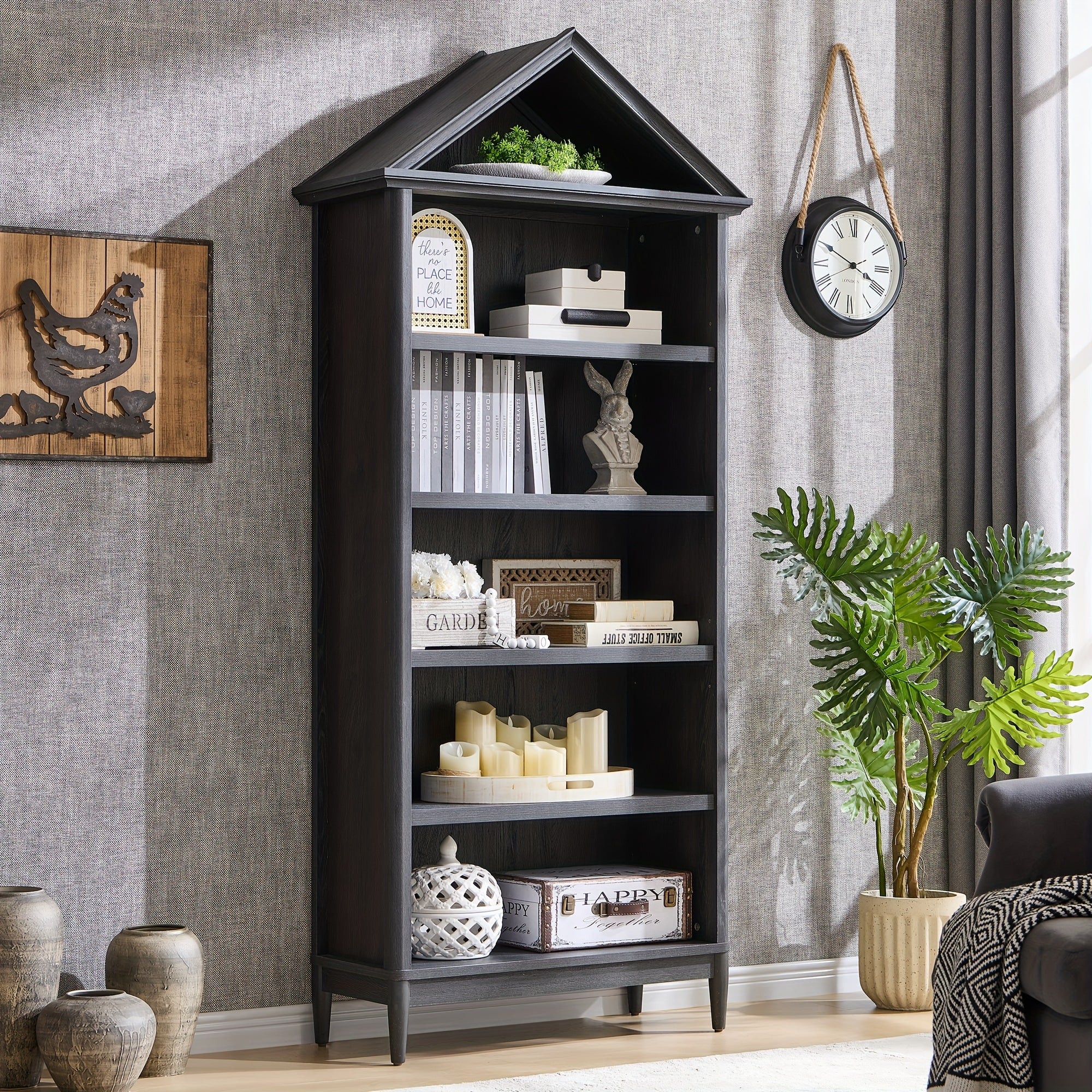 Modern Geometric Bookshelf Modern Geometric 75.9-Inch Tall Slanted Arch Bookshelf | Adjustable Shelves, Triangular Top Wooden Bookcase with Open Display Shelf - Suitable for Living Room