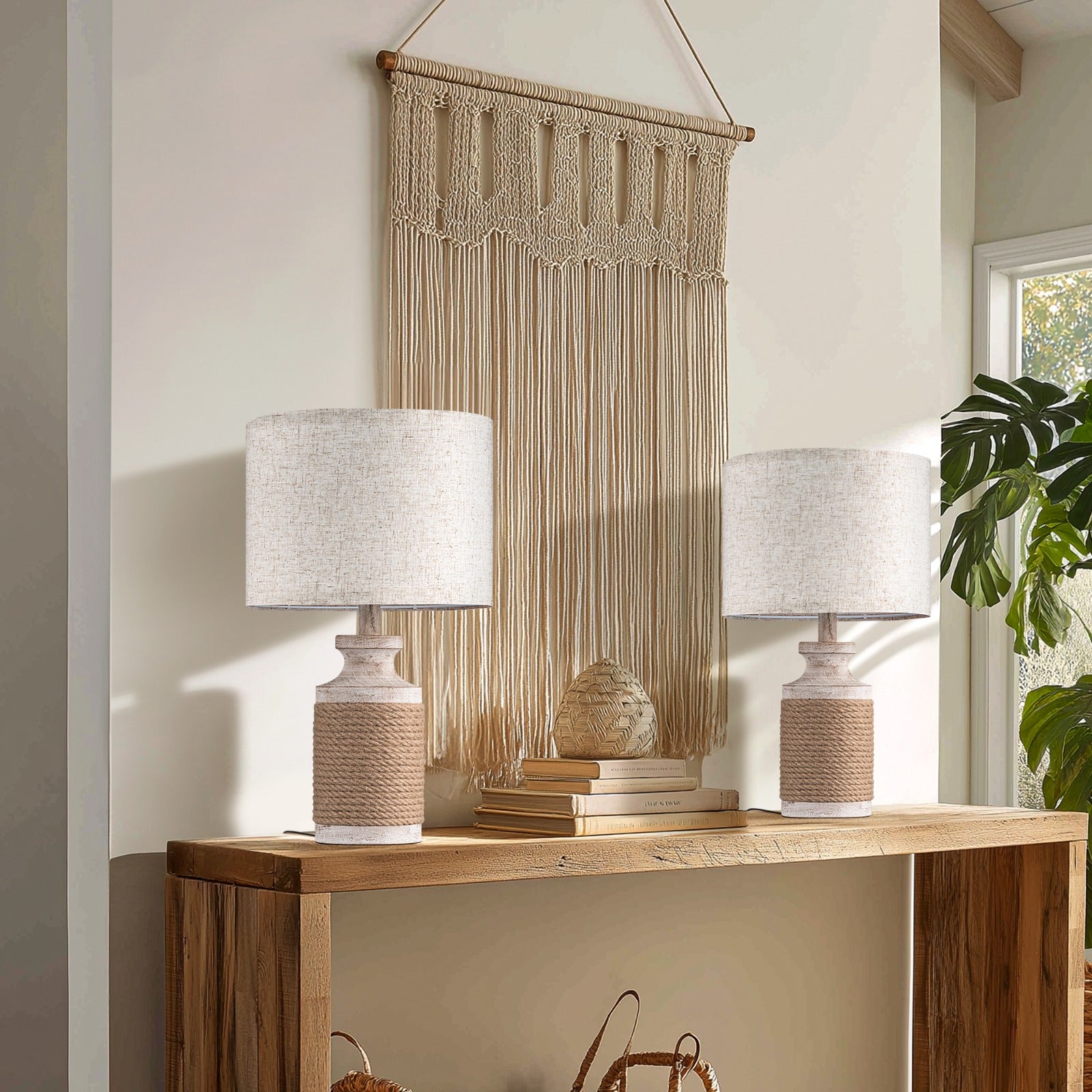 EDISHINE 2 Pack Solid Wood Table Lamp with Hemp Rope, 18.1\